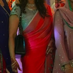 Coral Chiffon Sari , Blouse & petticoat